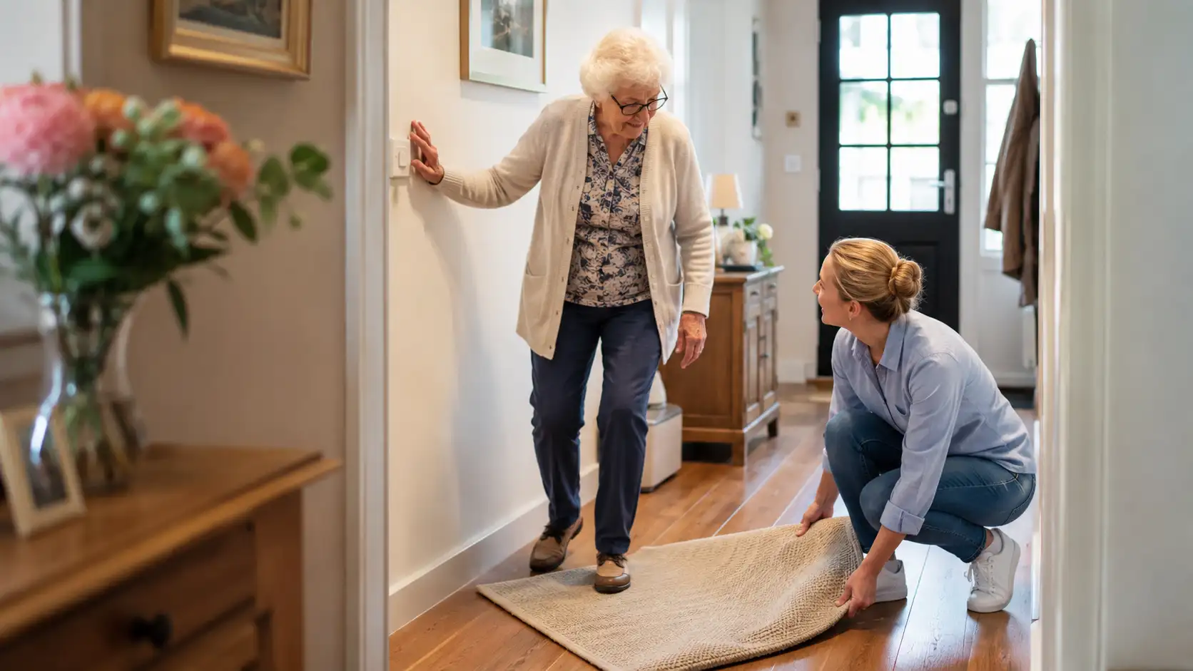Oudere vrouw en een mantelzorger die matje weg haalt