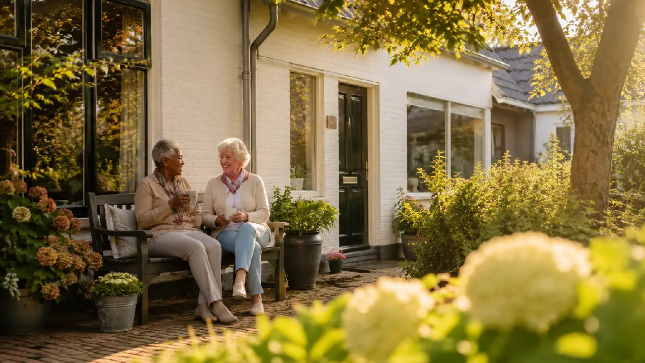 Twee vrouwen buiten op een bankje in de zon