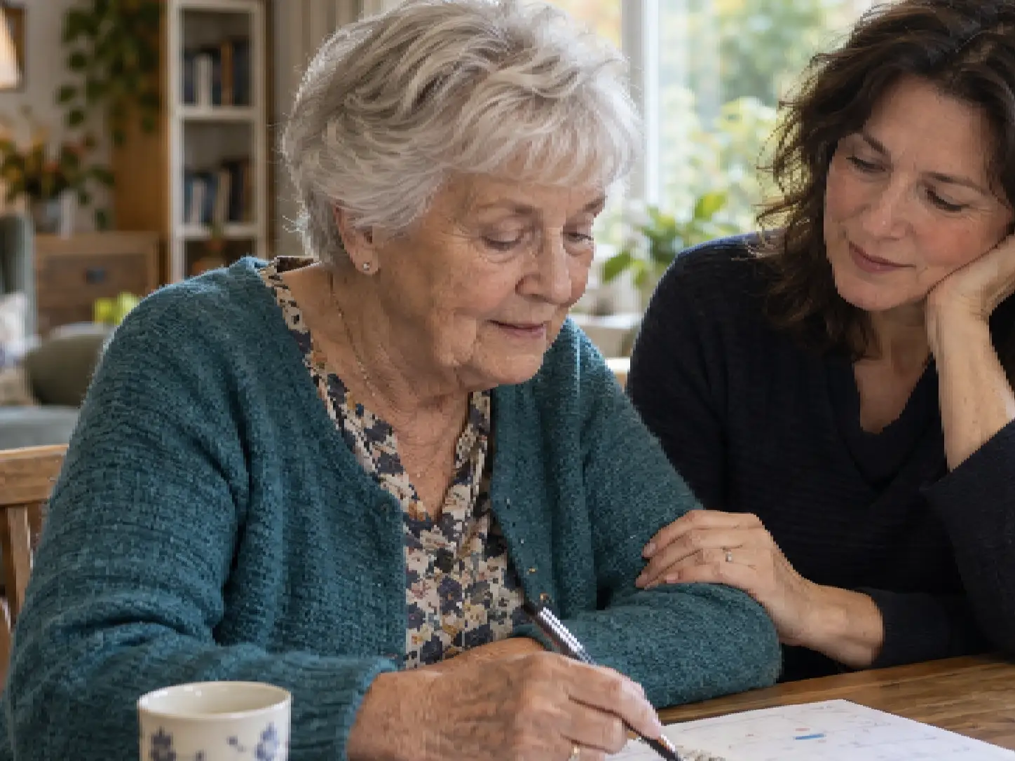 moeder en dochter (mantelzorger) aan tafel