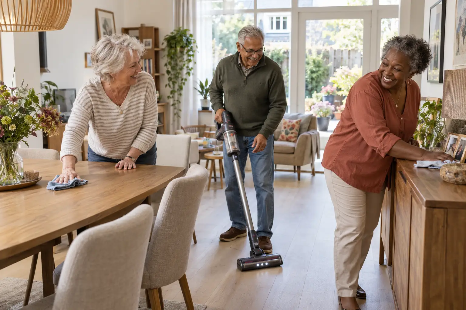 3 personen die het huis schoonmaken
