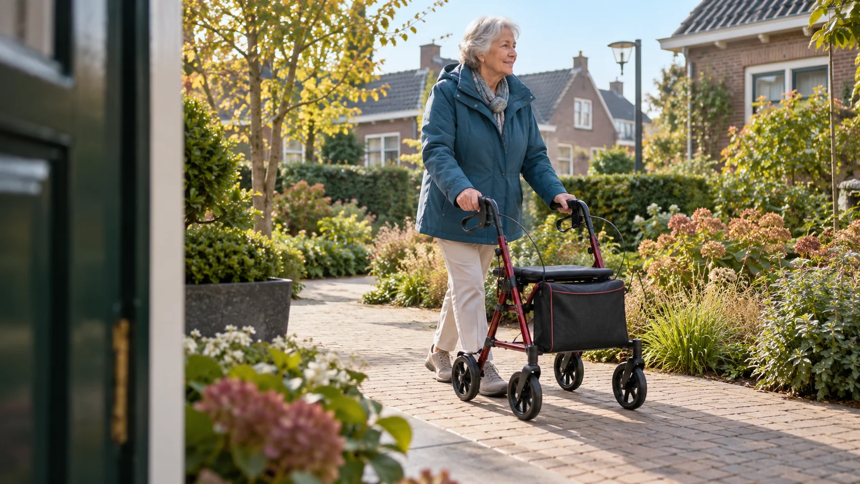 Vrouw wandelt met een rollator over een zonnig tuinpad, gefotografeerd vanuit een open voordeur.