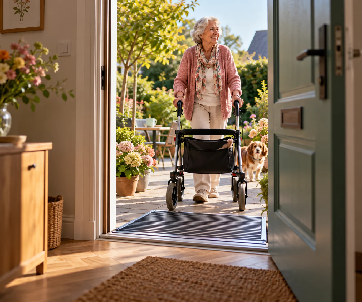 drempelhulp rollator bij vrouw aan huis