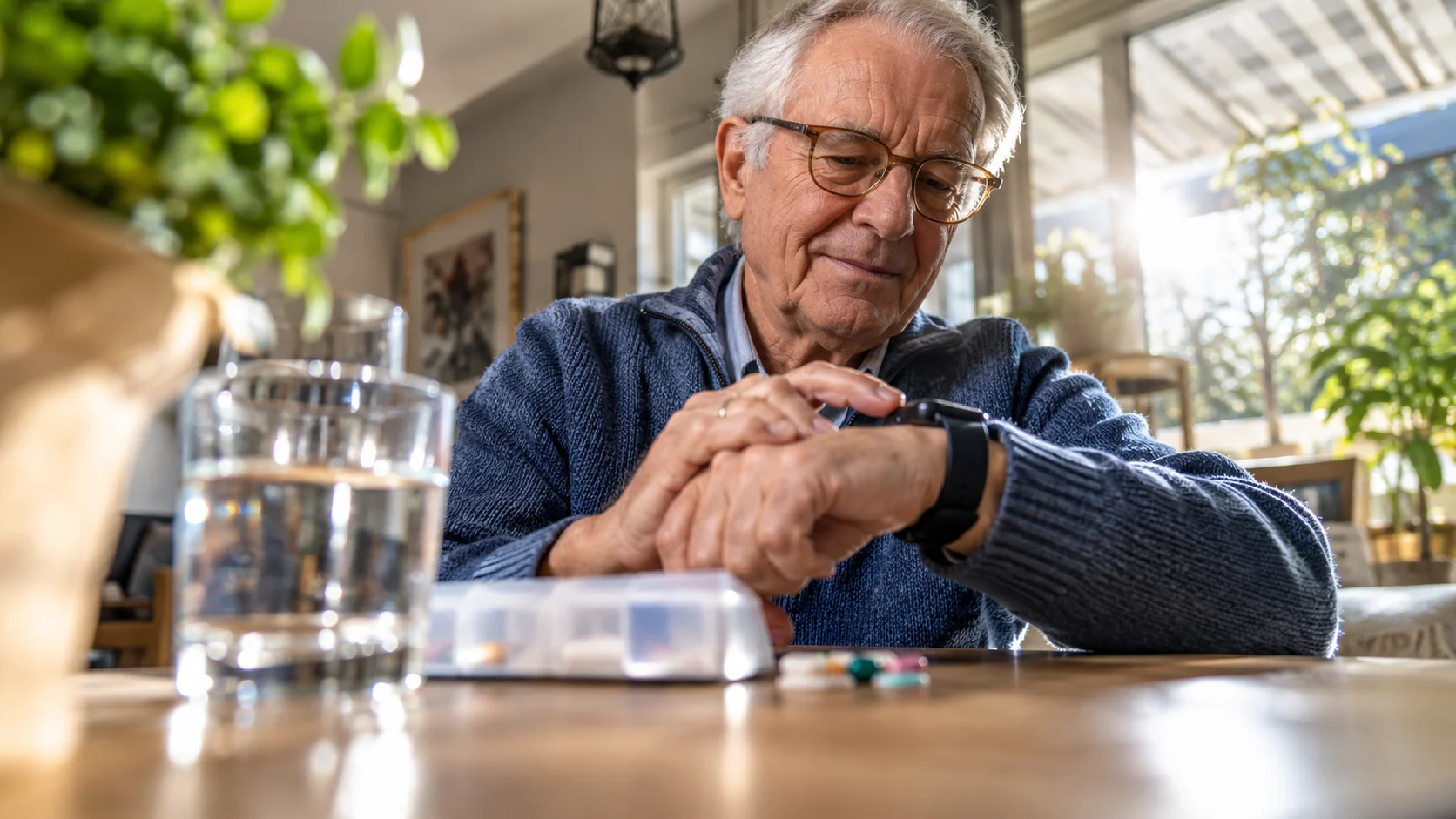 man met trilhorloge voor medicijnen