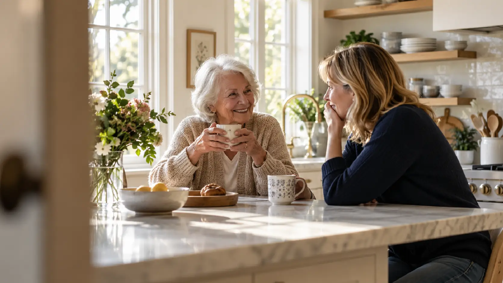 Oudere vrouw en dochter samen thuis, bij de nieuwe mantelzorgplannen voor 2027