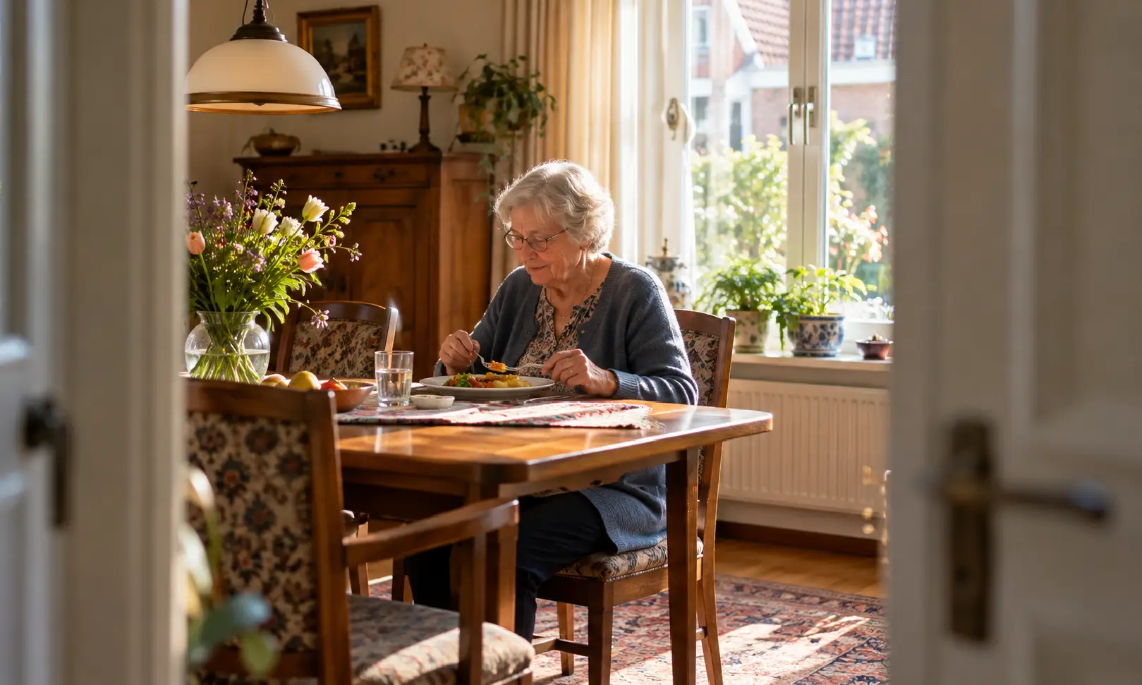 Vrouw alleen aan tafel aan het eten