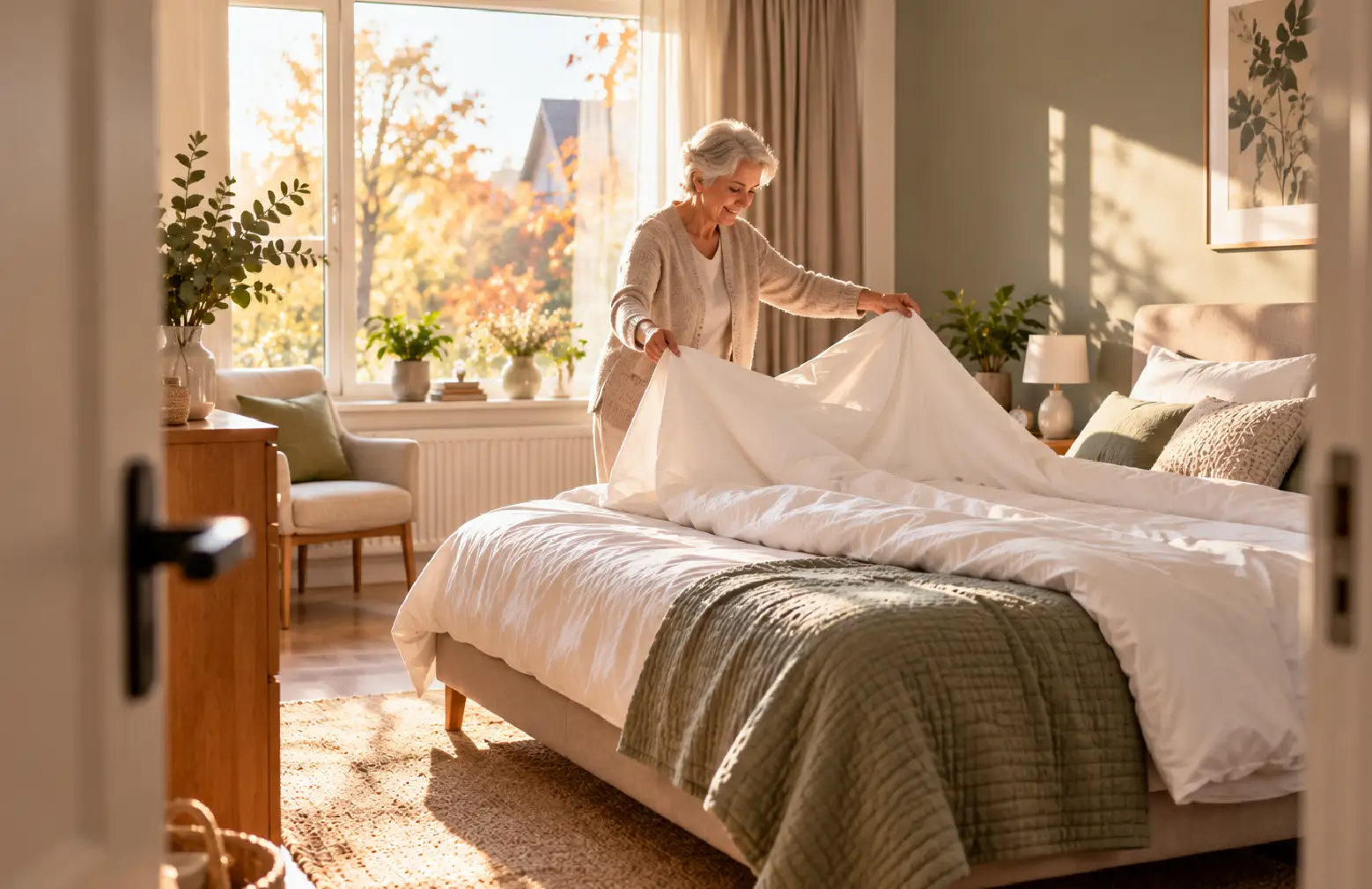 Vrouw verschonen en opmaken van het bed,