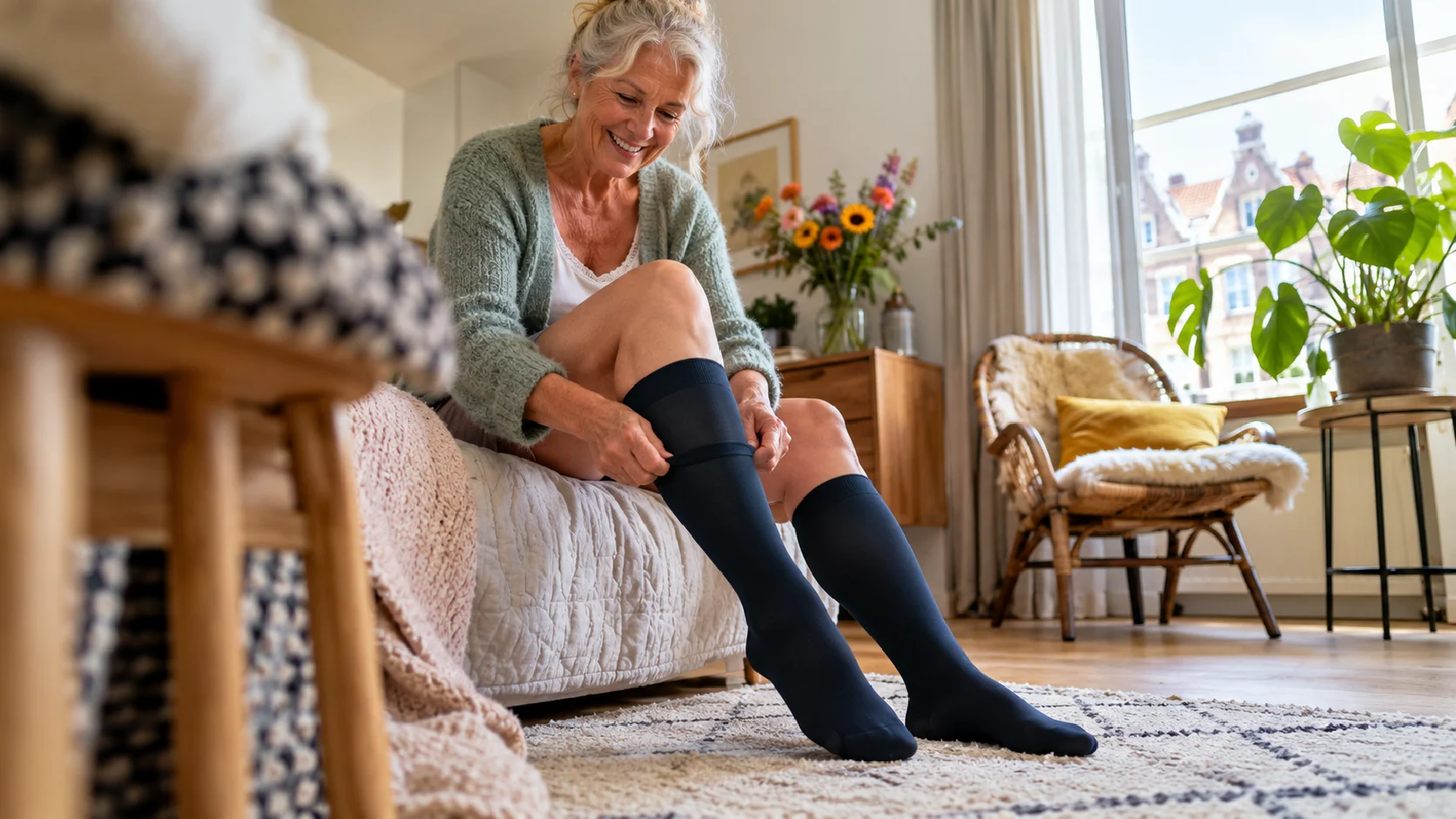 vrouw die compressiekousen aan doet in woonkamer