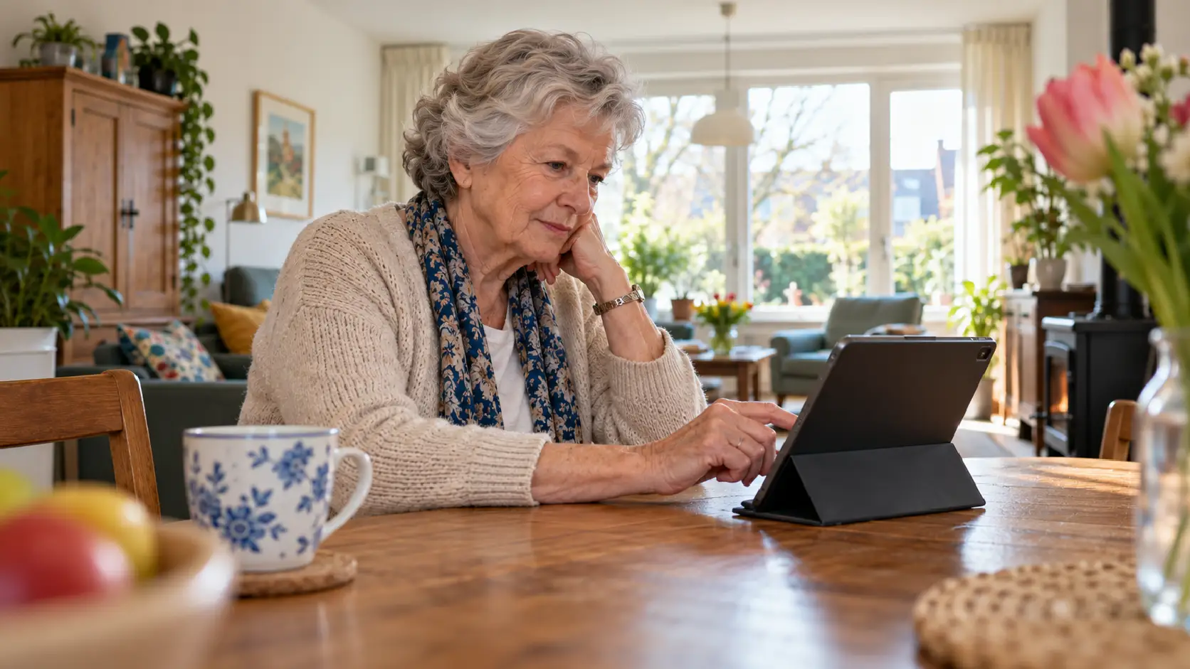 Vrouw met tablet in woonkamer