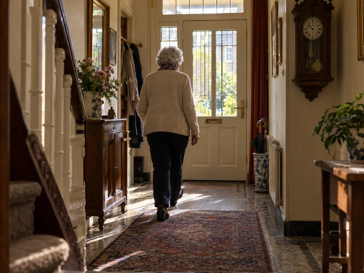 Oudere vrouw die naar die voordeur loopt