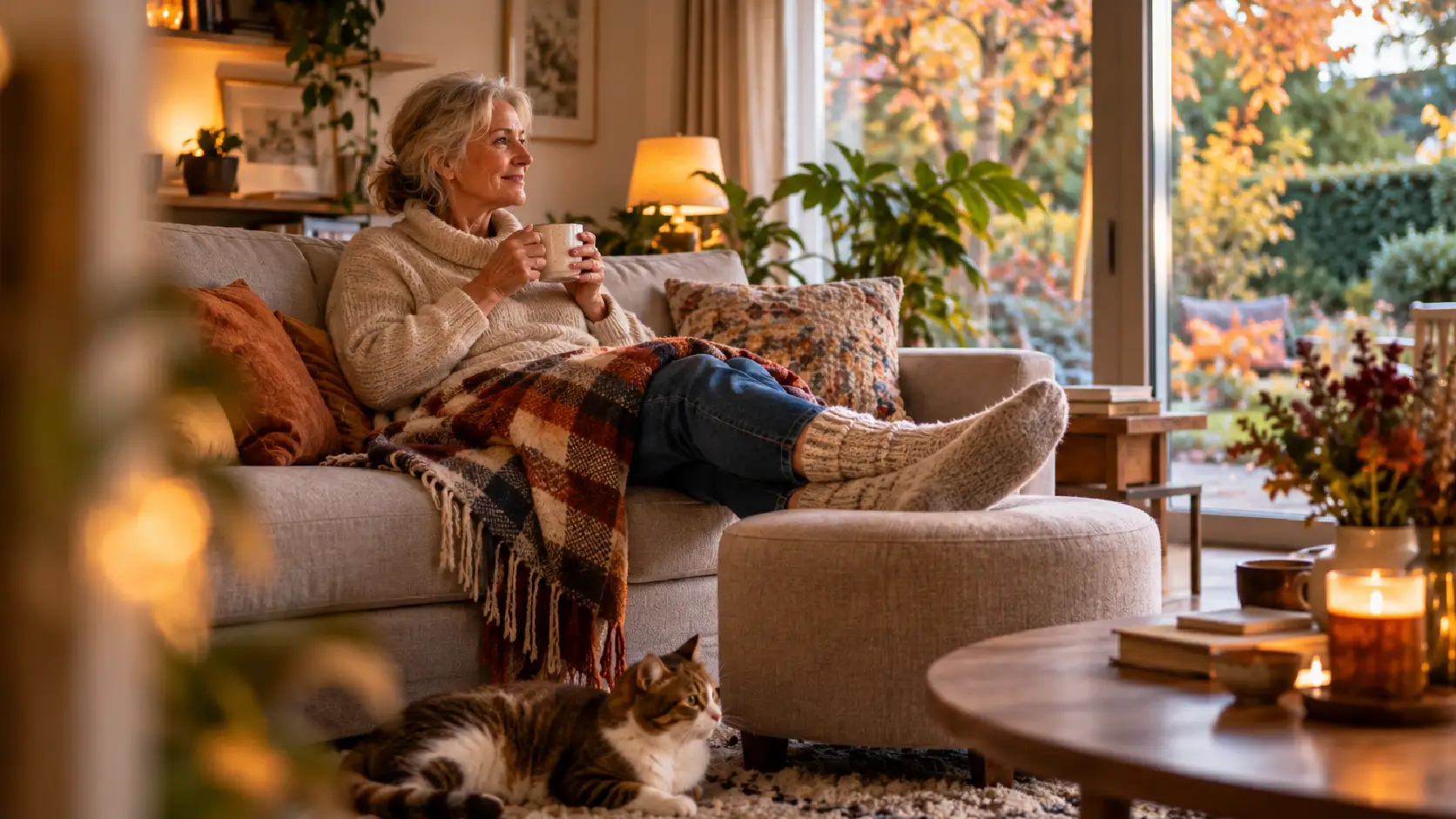 Vrouw op de bank met een warme koffie en warme sokken