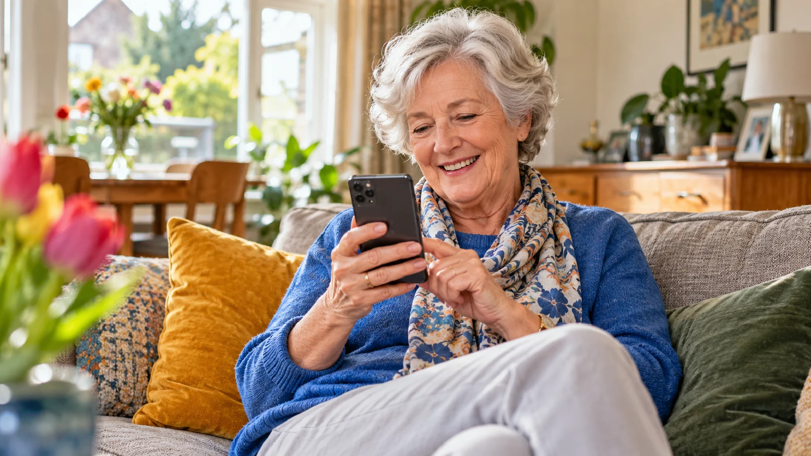 vrouw op bank die mobiel test