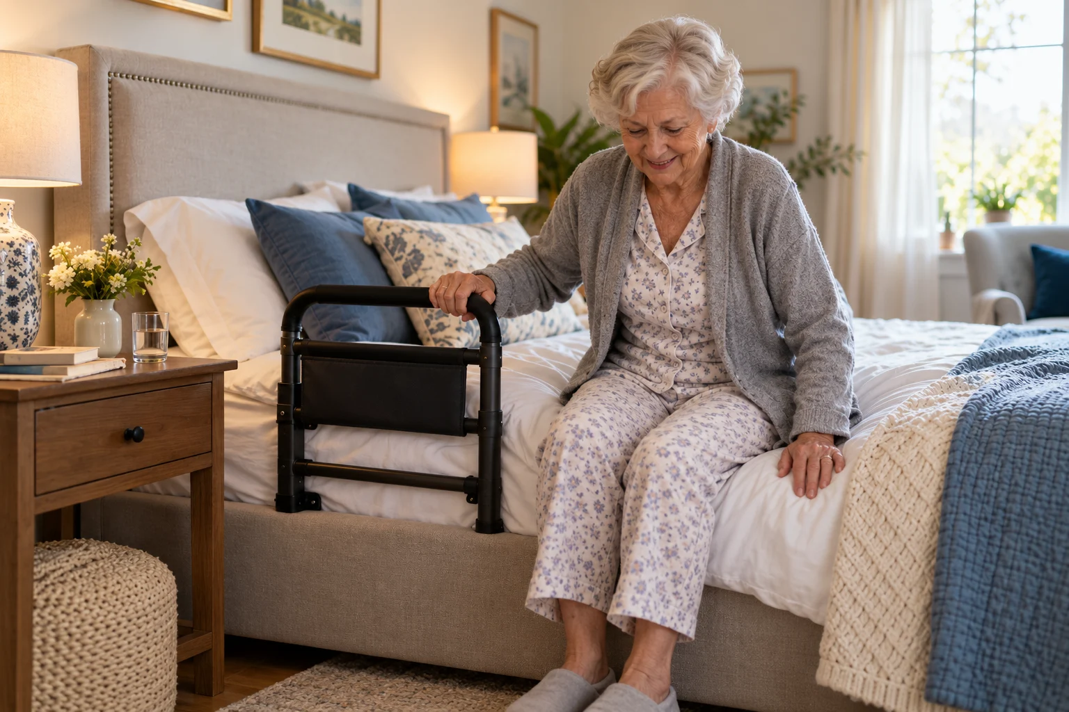 vrouw komt uit bed met bedbeugel