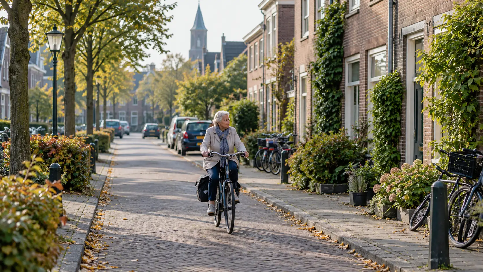 Oudere vrouw op fiets door dorp