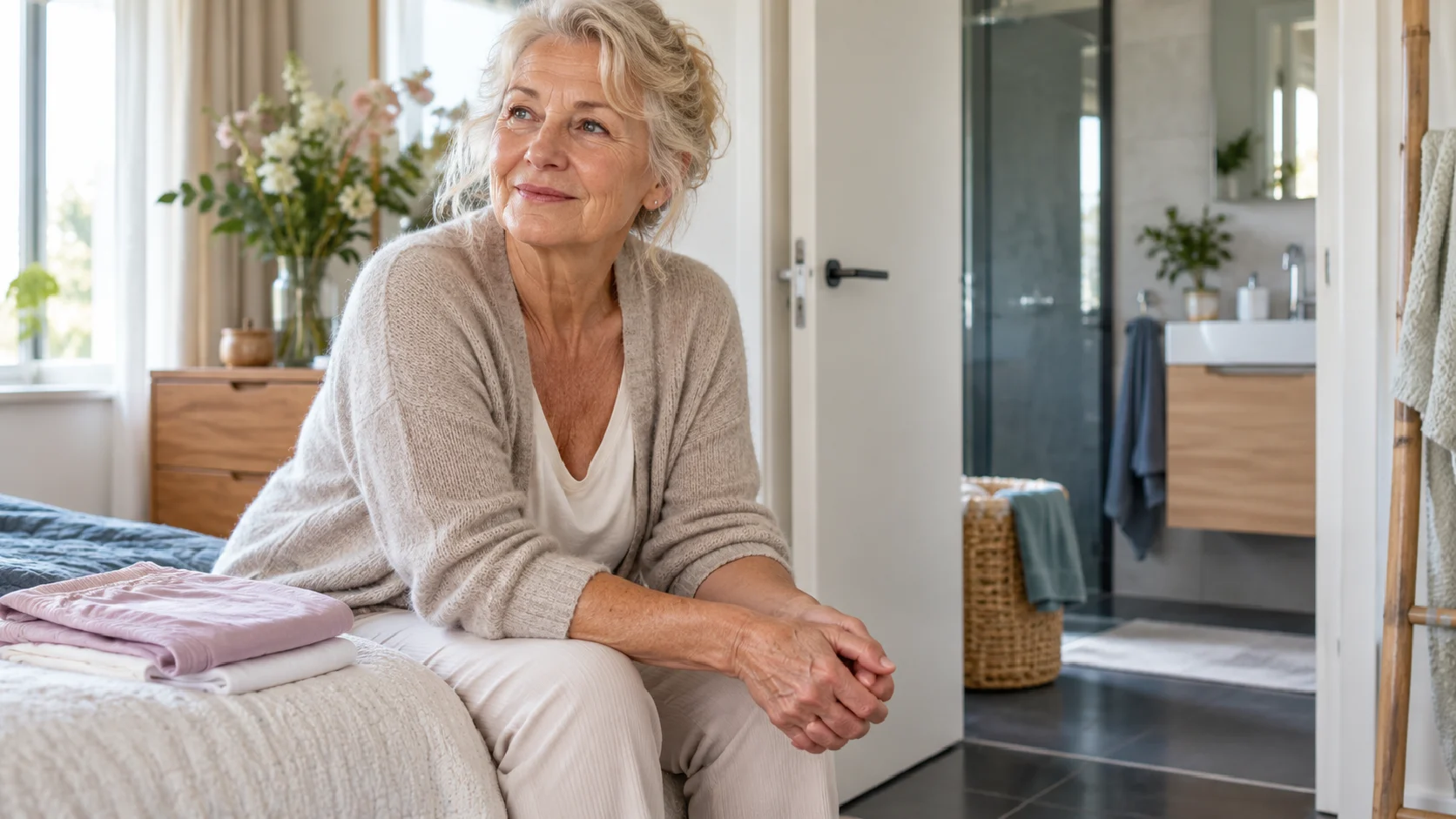 Incontinentie vrouw zit op bed