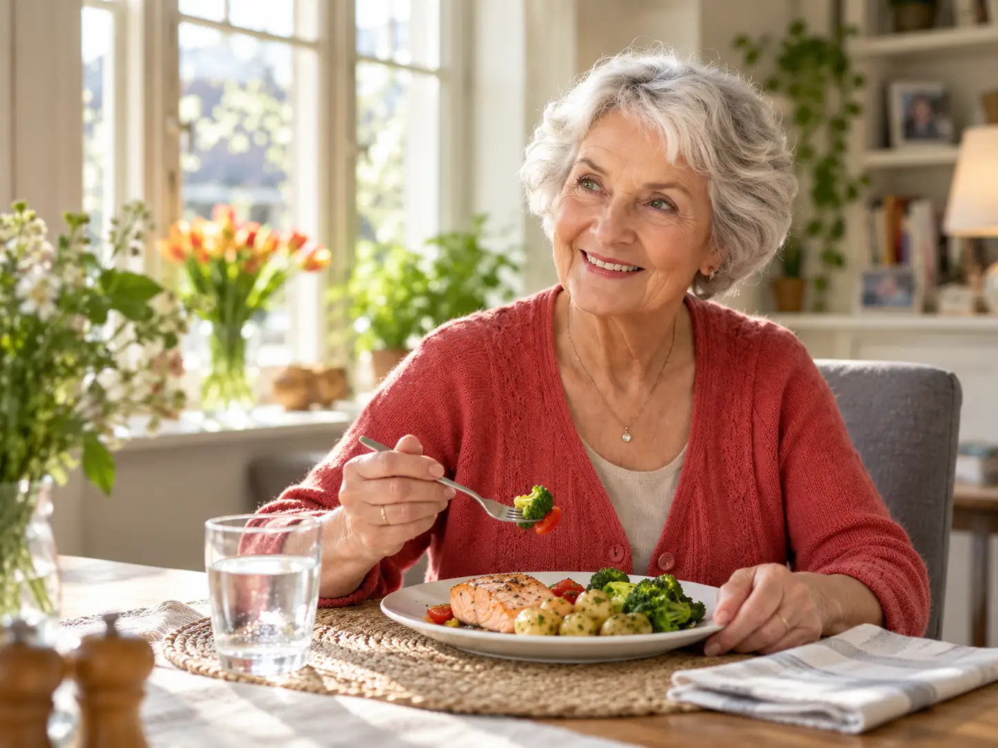 Vrouw aan tafel met lekkere en gezonde maaltijd