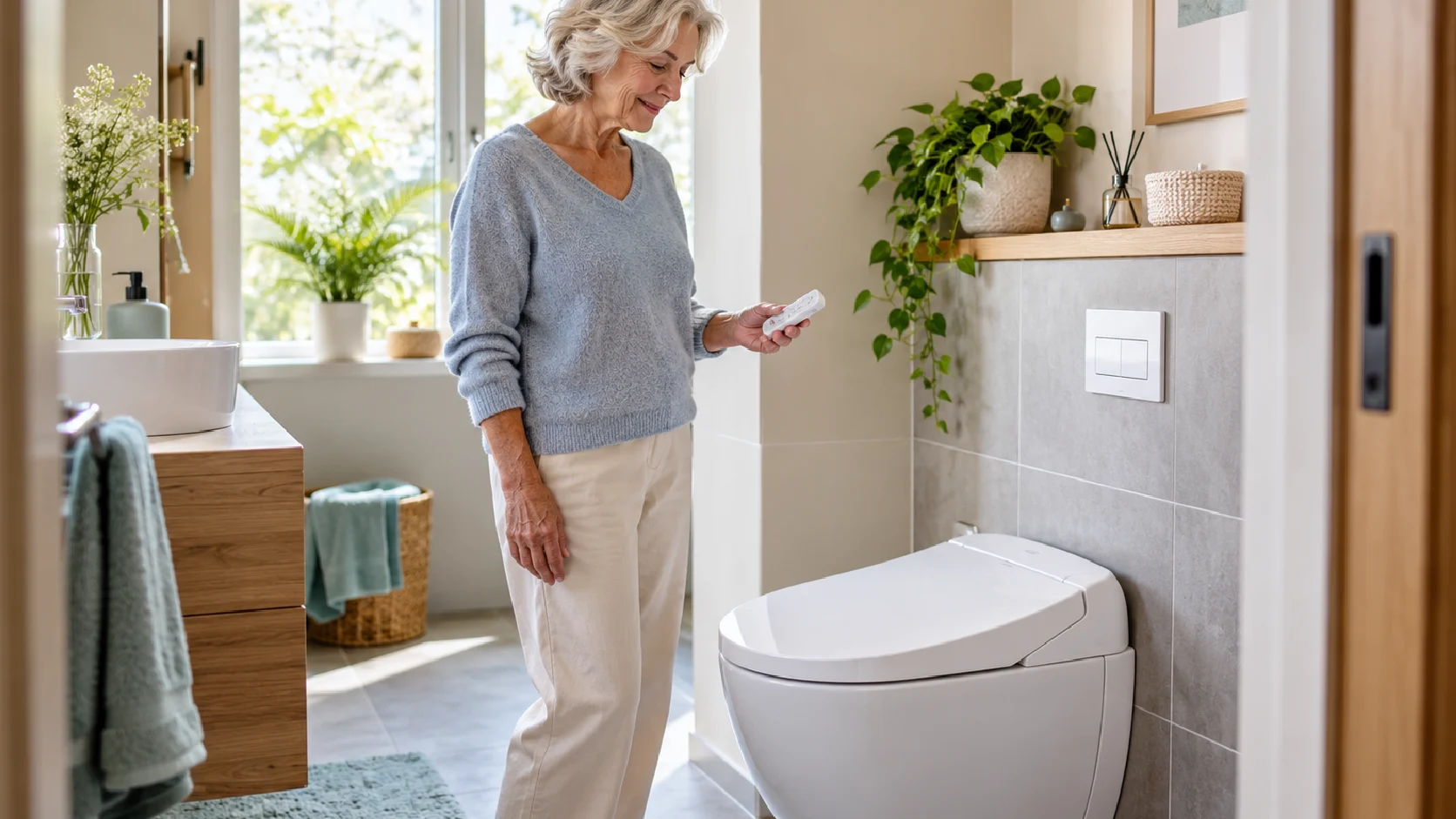 mevrouw met afstandsbediening beste douche wc